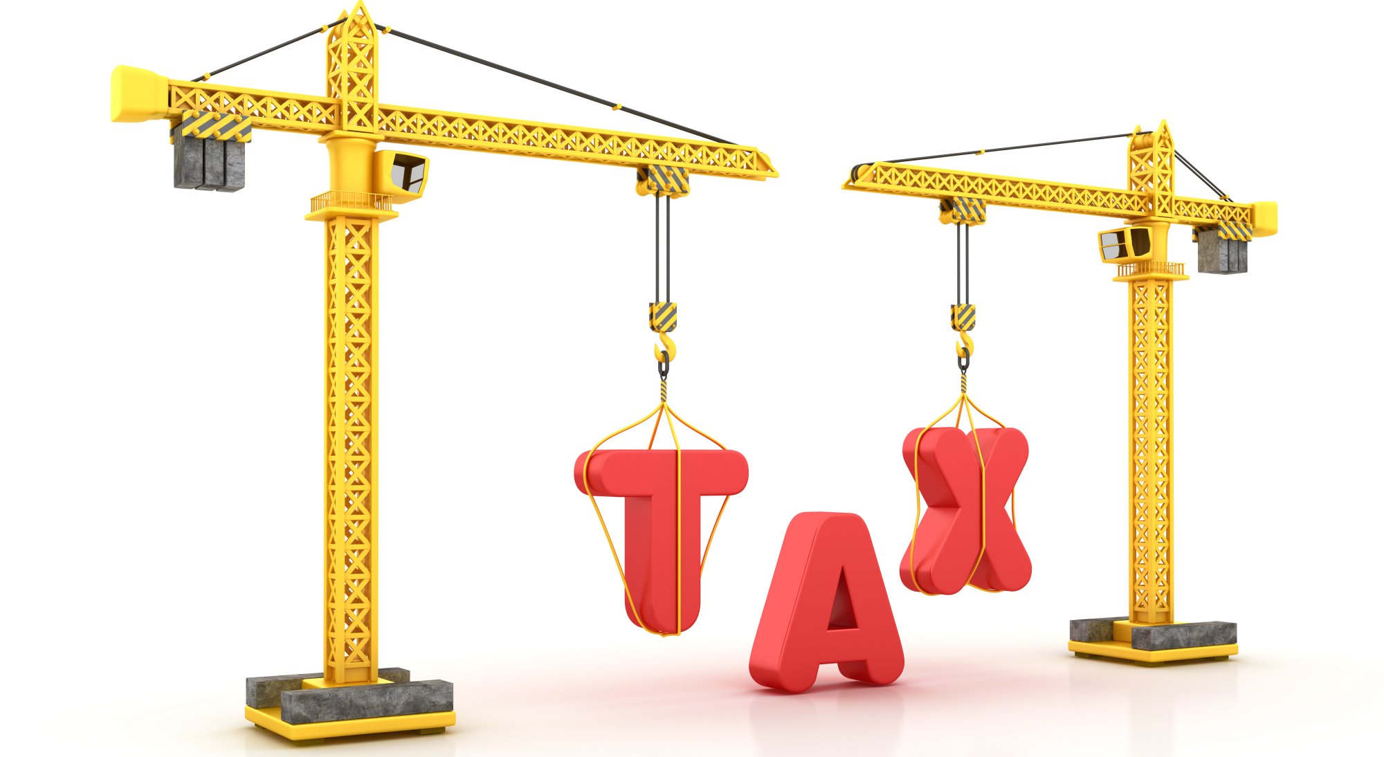Two construction cranes lifting red letters spelling TAX